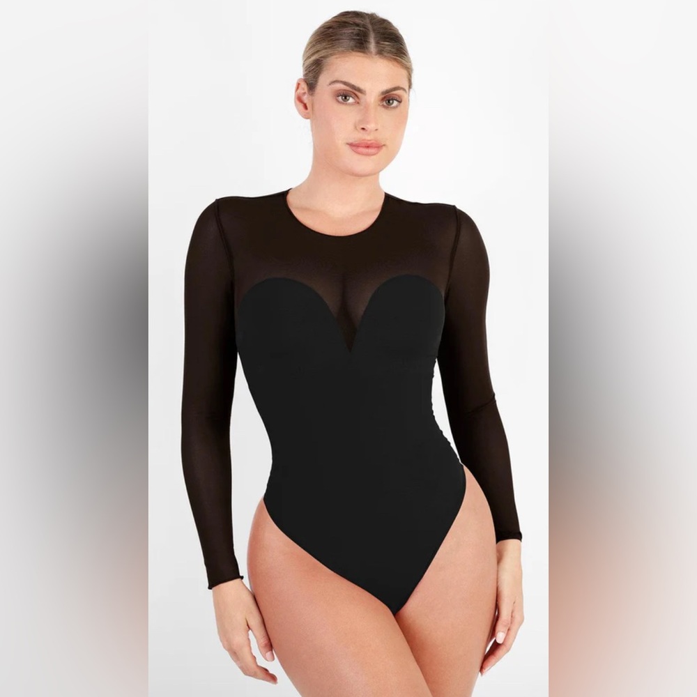 NEW! POPILUSH Sheer Mesh Shapewear Long Sleeve Thong Bodysuit